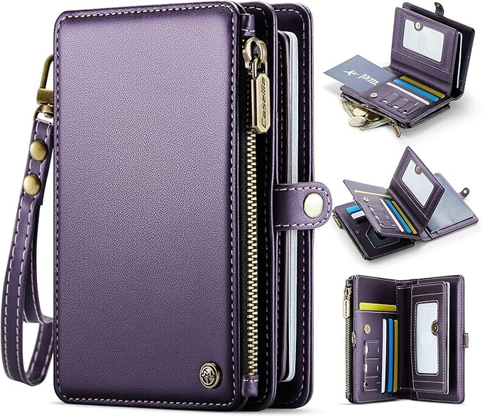 Passport Holder Wallet Bag with AirTag Holder, 11 Card Slots and Passport Solt Cash Solt Photo Solt Zipper Pocket, RFID Blocking Wristlet Strap.Purple