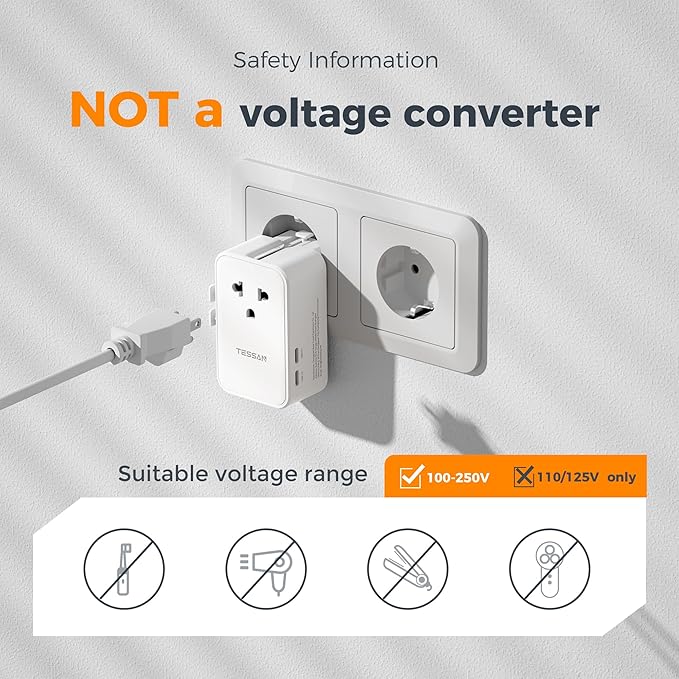TESSAN Universal Travel Adapter PD 25W, International Power Adapter, Ultral Thin Universal Adapter with 2 USB A 2 USB C for US to European UK Australia Ireland(Type C G A I) White