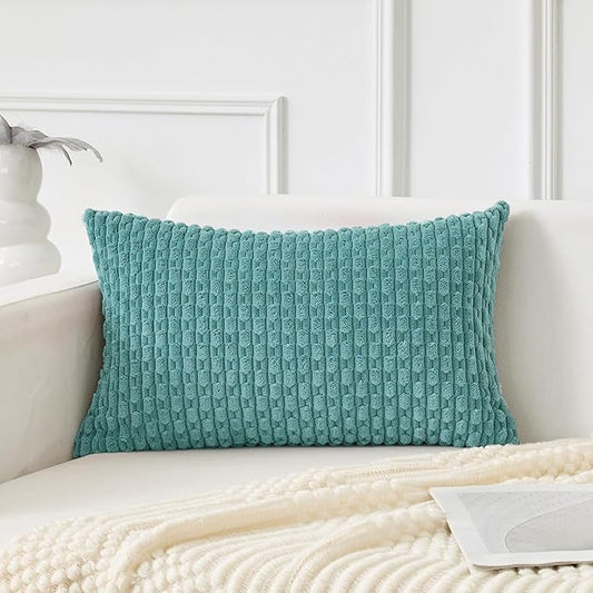 Kevin Textile 12x24 Inch Pillow Cover 1 Pack Boho Decorative Soft Striped Corduroy Lumbar Farmhouse Color Accent Rectangle Cushion Case for Living Room Couch Sofa Bed, Aqua Green