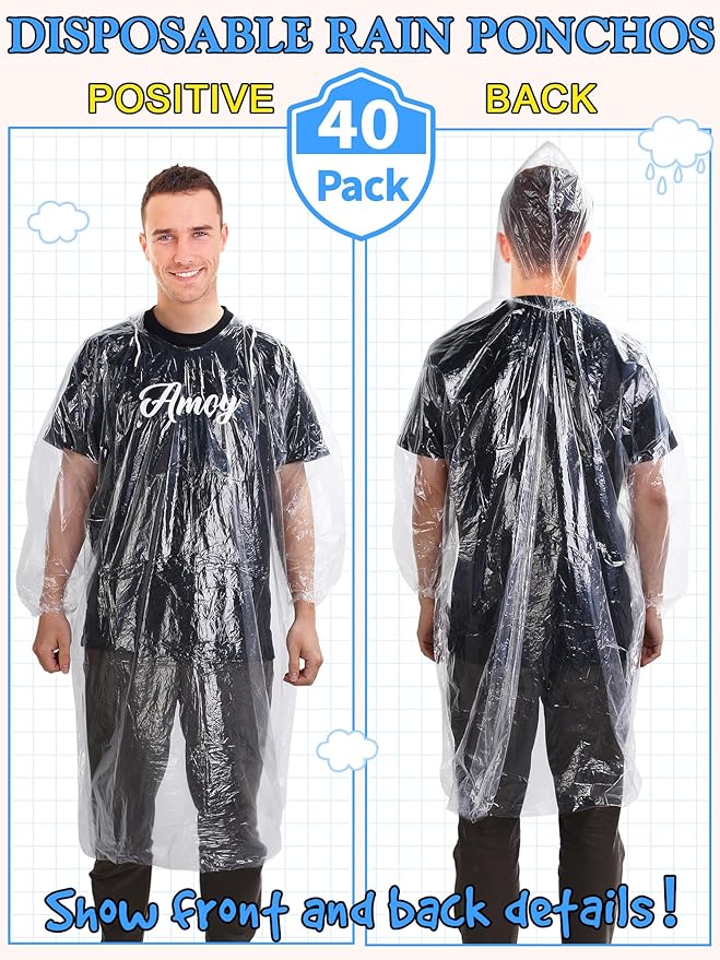40 Pack Disposable Rain Ponchos for Adults Disposable Ponchos Pack with Drawstring Hood Elastic Sleeves Raincoat for Camping