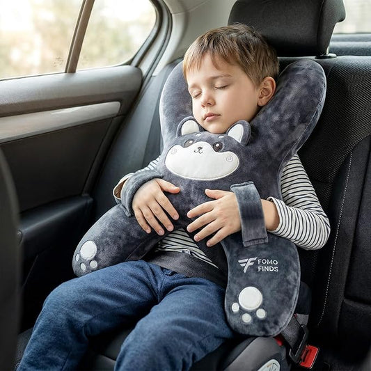 Kids Car Sleeping Pillow - H-Shaped for Neck & Back Support - Hands & Seat Belt Slot - Machine Washable & Compressible - Perfect for Car, Plane, Train, Boat & More - Grey