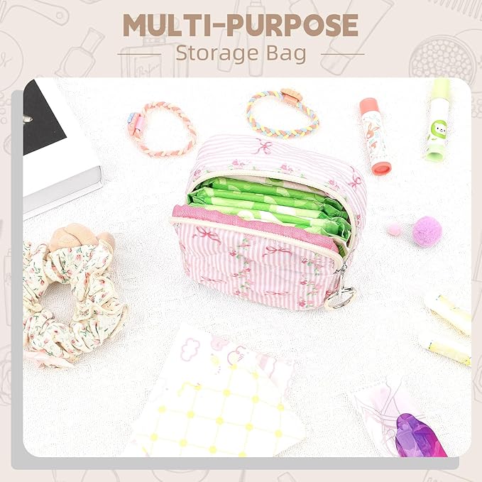Floral Period Bag, Bow Small Period Pouches for Teen Girls, Quilted Sanitary Napkin Storage Bag, Compact Discreet Pad and Tampon Holder for Purse (Floral+Bow)