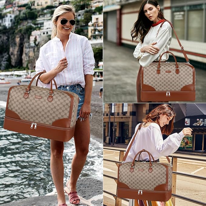 ITIEZY Weekender Overnight Bag for Women - Large Travel Duffel Bag with Shoe Compartment, Gym Duffel Bag Hospital Bag Carry On Tote Bags for Airplanes with Crossbody Bag Toiletry Bag 3Pcs Set