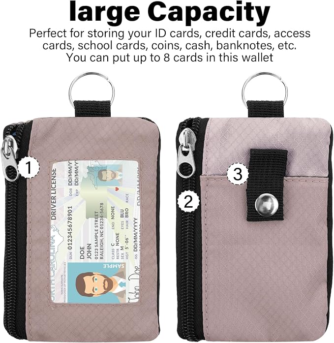 Minimalist RFID Wallet with Lanyard, Multi-Functional ID Case with 2 Zipper Pockets and Key Chain for Men and Women, Tactical Badge Pouch Cards Holder, Coin Purse for Travel Sports - Gray&Pink
