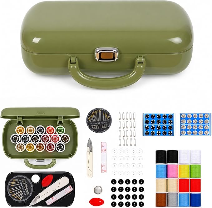 FKOG Retro Green Sewing Project Kit, 151 Pcs Sewing Kit with Portable Retro Hard-Shell Case, 18 Multicolor Thread Spools, Needles, Buttons, and Accessories (Used Green)