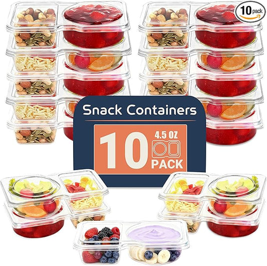 10-Pack 2 Compartment Snack Containers with Secure-Fit Lids, Reusable BPA-Free Snack Prep Boxes, Portion Control Food Storage Containers for Lunch, Meal Prep, Office, Picnic & Travel (10)