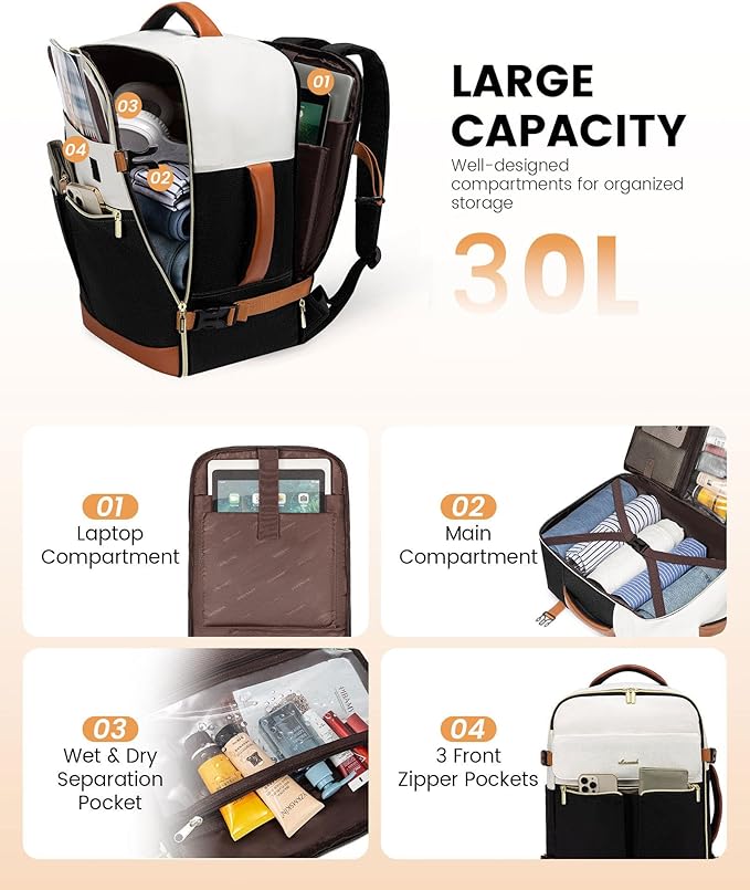 LOVEVOOK Travel Backpack for Women, TSA Carry On Backpack Flight Approved Luggage, 30L Water Resistant Personal Item Daypack Large Weekender Bag fit 15.6 inch Laptop with 3 Cubes, Beige-black-brown