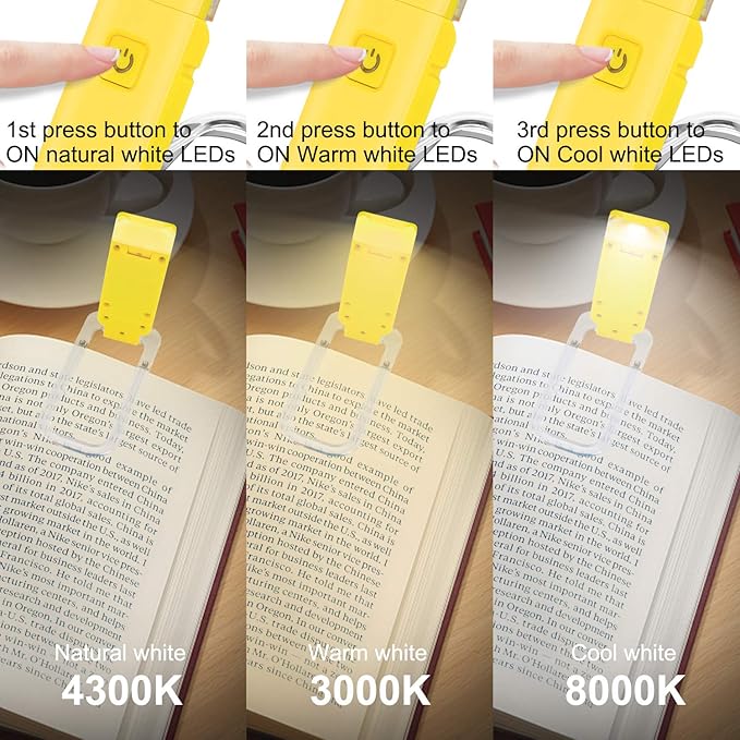 HONWELL Rechargeable Book Light, Clip On LED Reading Lights for Kids Reading in Bed, 3 Brightness Levels Dimmable Bookmark Light for Eye-Protection, Portable Reading Lamp for Bookworms, Travel(Yellow)