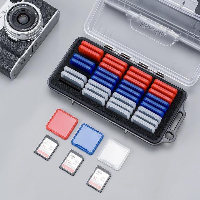 36 Slots SD Card Case with 36 Individual Clear Plastic Memory Card Cases for 36x SD SDXC SDHC Cards,Water-Resistant Anti-Shock Camera SD Card Holder Organizer with Carabiner & Labels - Transparent