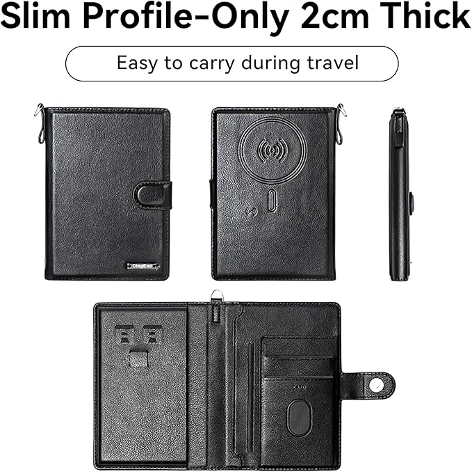 Passport Holder for Travel, RFID Blocking Card Wallet, Apple MFi Certified Smart Passport Cover Works with Find My, Rechargeable Travel Wallet with Lanyard, PU Leather, Black