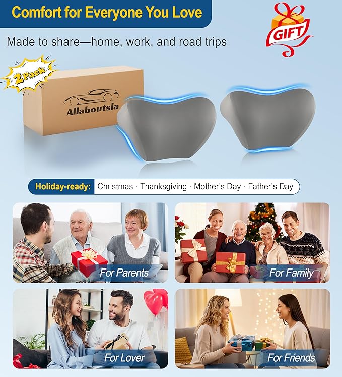 2-Pack Car Neck Pillow: Ergonomic Memory Foam Car Headrest Pillow, Neck Support Pillow for Long Drives, Headrest Support Cushion for Pain Relief, Universal Fit for Cars, SUVs & Trucks – Gray