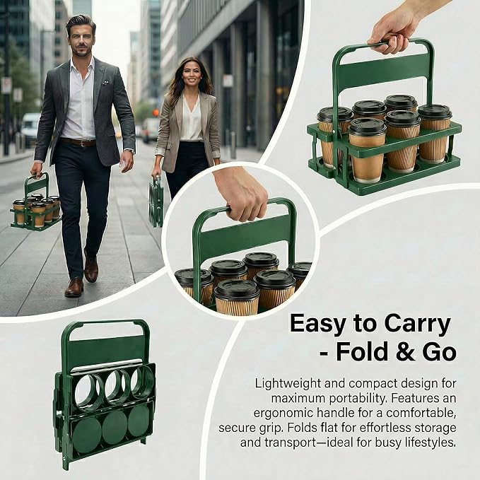 6 Cup Drink Carrier for Delivery - Foldable Drink Holder with Handle, Reusable Cup Carrier for Drinks, Portable Beverage Caddy Accessories for Parties, Camping, Car, Coffee & Bottles (Green)