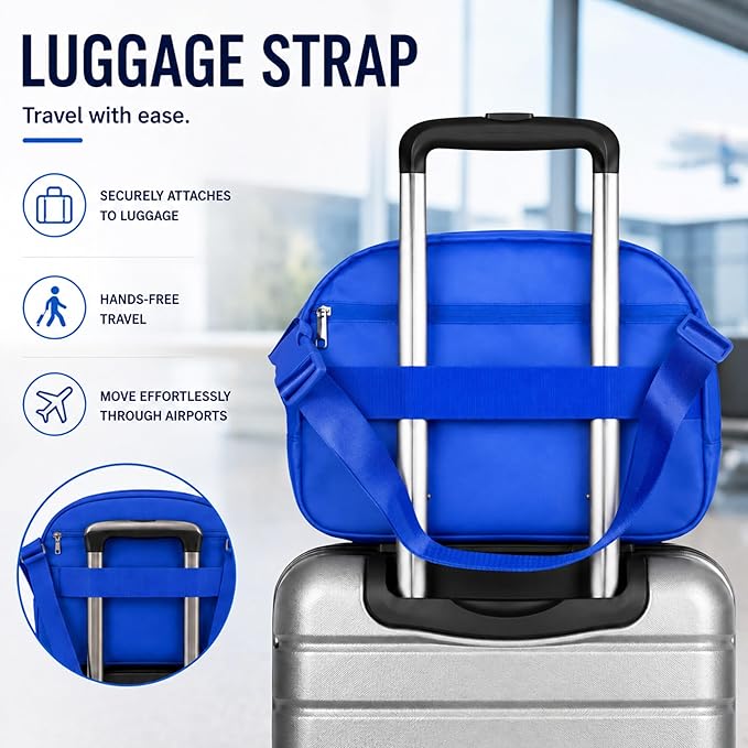 Travel Blanket Airplane Compact with Bag, Soft 40" x 60" Blanket with Luggage Strap & Underseat Personal Item Organizer for Flights, Home & Office, Blue