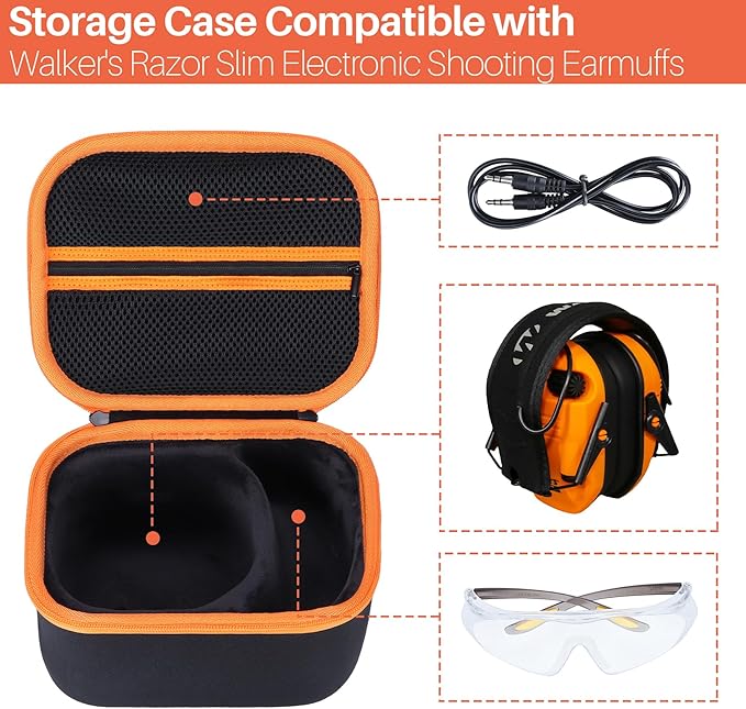 Lebakort Storage Case Compatible with Walkers Razor Slim/Howard Leight Honeywell Impact Sport/PROHEAR 066 030 Electronic Shooting Earmuffs Hearing Protection Muffs (Black + Orange Case)