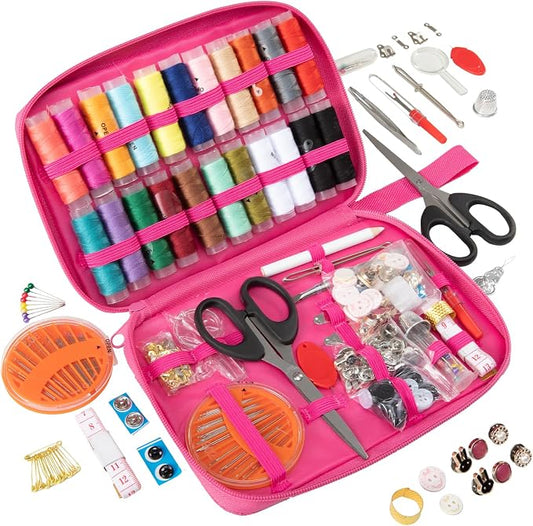 198pcs Sewing Kit for Adults Portable Travel Sewing Set,Dorm Room Essentials for Girls, Including Emergency Repair Tools Such as Needle and Thread, Scissors, Marker pens Needle and Thread kit (Pink)