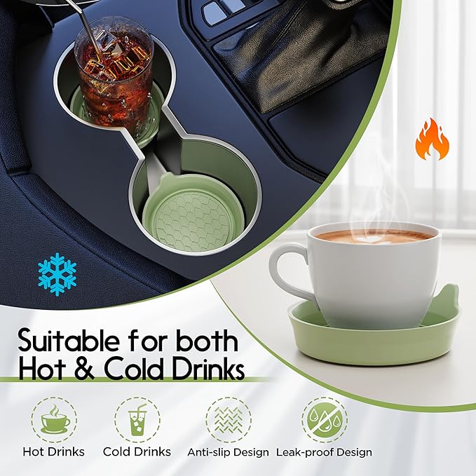 Amooca Car Cup Coaster Universal Automotive Waterproof Non-Slip Cup Holders Sift-Proof Spill Holder Car Interior Accessories 2 Pack Tea Green