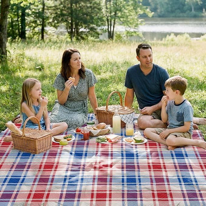 Doonly Picnic Blanket, 78" x 78" Large Waterproof Sandproof Beach Blanket, Foldable Outdoor Blanket Picnic Mat for Beach, Camping, Park, Grass, Lawn, Travel, Patriotic Red White and Blue