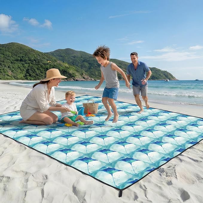 OIGAE 7x7ft Sandproof Beach Blanket - Large Waterproof Picnic Mat for 3-4 People, Lightweight Sand Free Mat for Summer Vacation with 6 Stakes & 4 Corner Pockets for Beach, Camping, Festivals