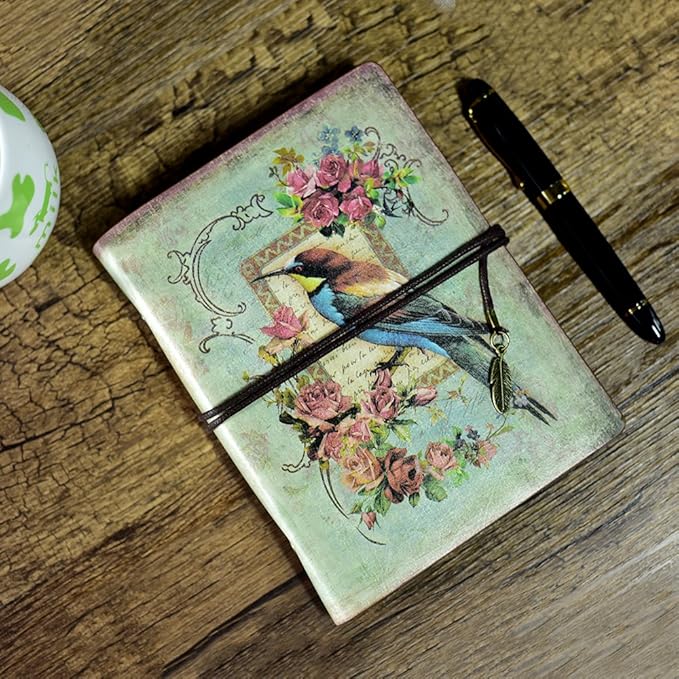 MALEDEN Vintage Refillable Journal, Premium Leather Traveler Notebook Sketchbooks Classic Diary Planner with Blank Pages and Zipper Pocket (Bird)