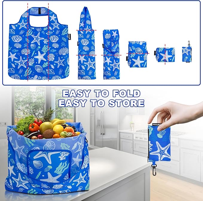 HOLYLUCK Reusable Grocery Bags,Heavy Duty Foldable Shopping Tote Bag (Standard, 3 Starfish)