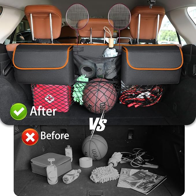 Deluxe Trunk Organizer for Car Small SUV, Backseat Hanging Trunk Organizer, Waterproof Collapsible Car Storage Bag with 6 Pockets, Reinforced No-Sag Design (Orange, Compact & Mid Size SUV)