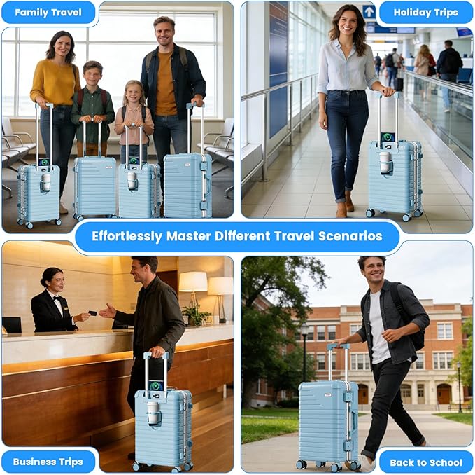 24 Inch Checked Luggage with Cup Holder, Aluminum Frame PC Hard Shell Suitcase, 360° Spinner Wheels, TSA Lock for Short Trips and Business Travel