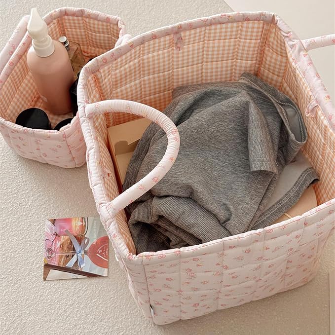 Floral Fabric Storage Basket Car Interior Storage Basket Underwear Sundries Laundry Baskets Supplies Home Organizer Bag (pink bow 1)
