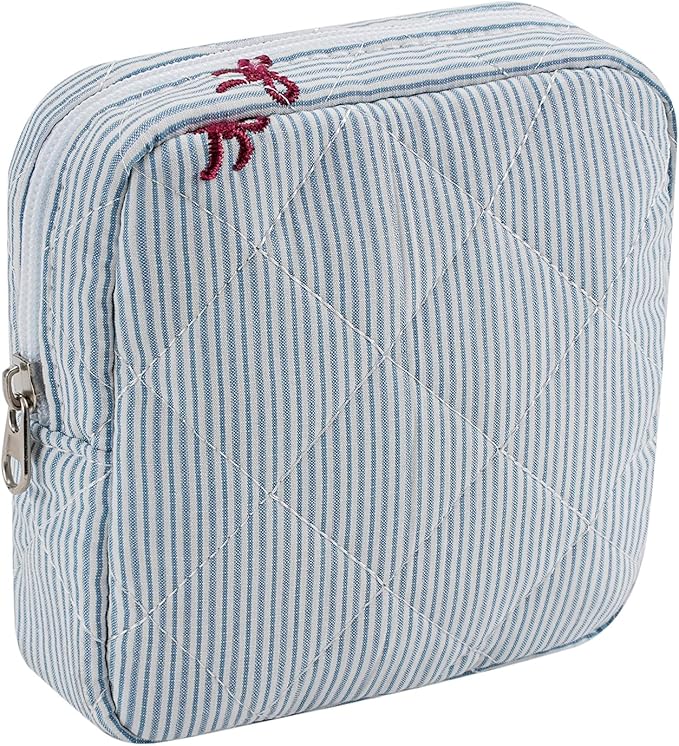 RSRSLEII Small Quilted Striped Cosmetic Pouch for Purse, Mini Cotton Makeup Bag with Compartments, Cute Zipper Lipstick Holder for Women (27 Thin Stripes)