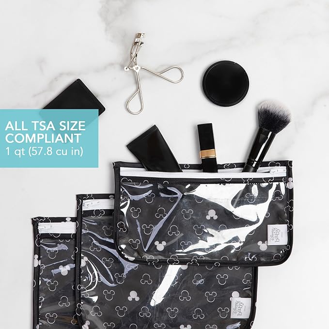 Bumkins Disney Travel Bag, Toiletry, TSA Approved Pouch, Zip Bag, Quart Size Airline Compliant, Clear-Sided, Baby, Diaper Bag Organization, Accessories, Packing, Set of 3 Sizes, Mickey Mouse Icon