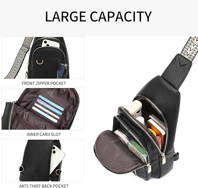 GAEKEAO Sling Bag for Women Vegan Leather Crossbody Bags Travel Fanny Pack Chest Bag Purse with Adjustable Wide Guitar Strap