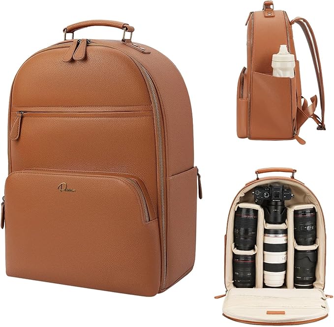 Camera Backpack Classic PU Leather for DSLR, Professional Camera Bag for Photographers with 15 Inch Laptop Compartment Large 20L