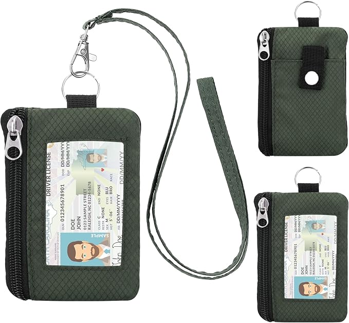 Minimalist RFID Wallet with Lanyard, Multi-Functional ID Case with 2 Zipper Pockets and Key Chain for Men and Women, Tactical Badge Pouch Cards Holder, Coin Purse for Travel Sports-Green