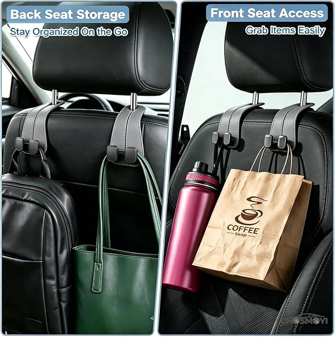 CHOSMOYI Leather Car Purse Hook for Headrest, 2 Pack Seat Back Organizer for Handbags, Groceries & Essentials, Heavy Duty Car Accessories (Grey)