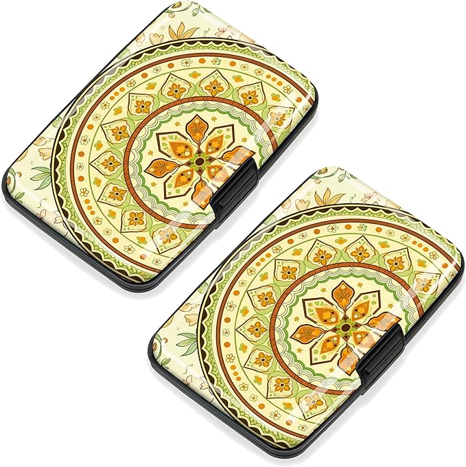 Mayski 2 Pack Credit Card Holder for Women, RFID Blocking, Yellow Mandala Aluminum Alloy Hard Case, Small Mini Business Metal Wallet for Men