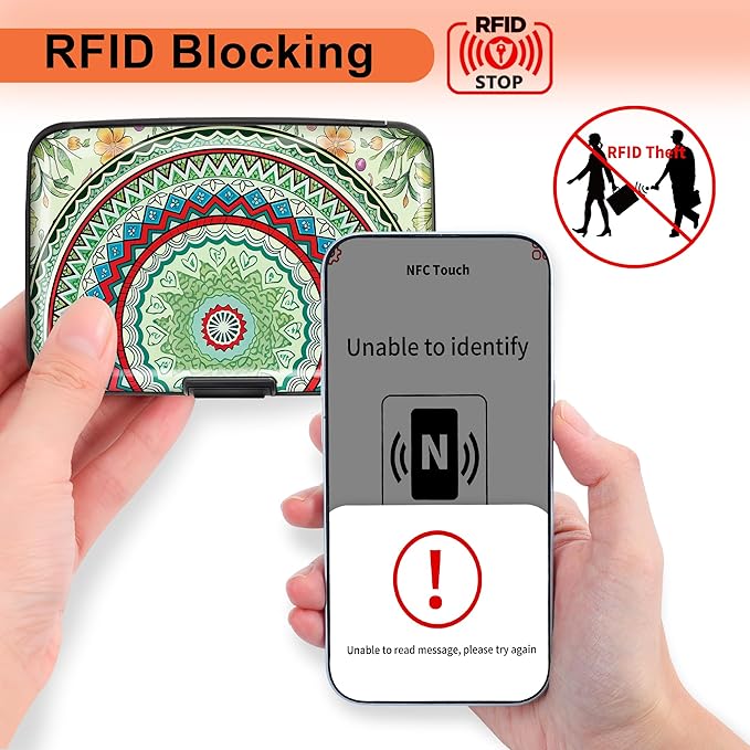 Mayski 2 Pack Credit Card Holder for Women, RFID Blocking, Green Mandala Aluminum Alloy Hard Case, Small Mini Business Metal Wallet for Men
