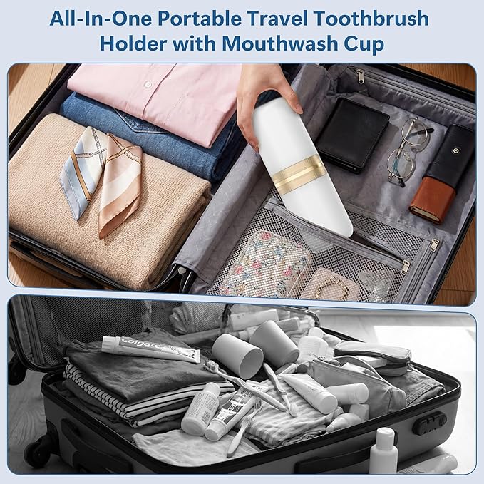 Quatish 4-in-1 Toothbrush Travel Case, Portable Toothbrush Holder with 4 Rinse Cups, Large-Capacity Storage for Toothbrush & Toothpaste, Ideal for Travel, Home, Camping, Gym, Business Trip (White)