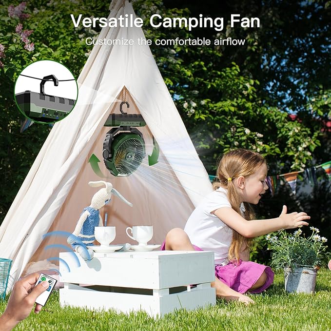 FRIZCOL 3-in-1 Camping Fan - Portable Fans Rechargeable - 36000mAh Battery Powered Fan with Light & Remote for Indoor, Outdoor, Tent, Travel, Fishing, Jobsite, Gifts for Men Dad Him - Green