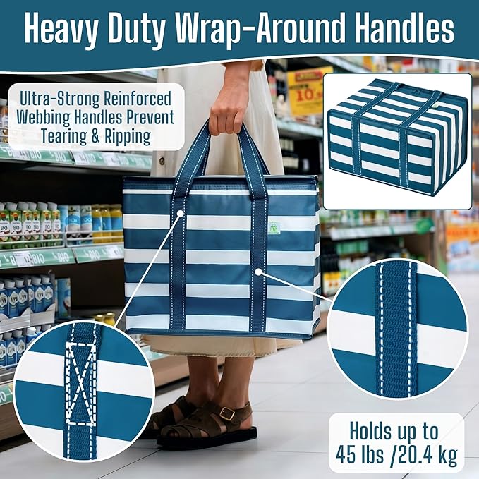 VENO 2 Pack Insulated Cooler Bag, Reusable Grocery Shopping Bag for Food Delivery, Heavy Duty, Large Size, Durable Handles, Double Zippers, Lid, Collapsible (Classic Navy Stripe, 2 Pack)