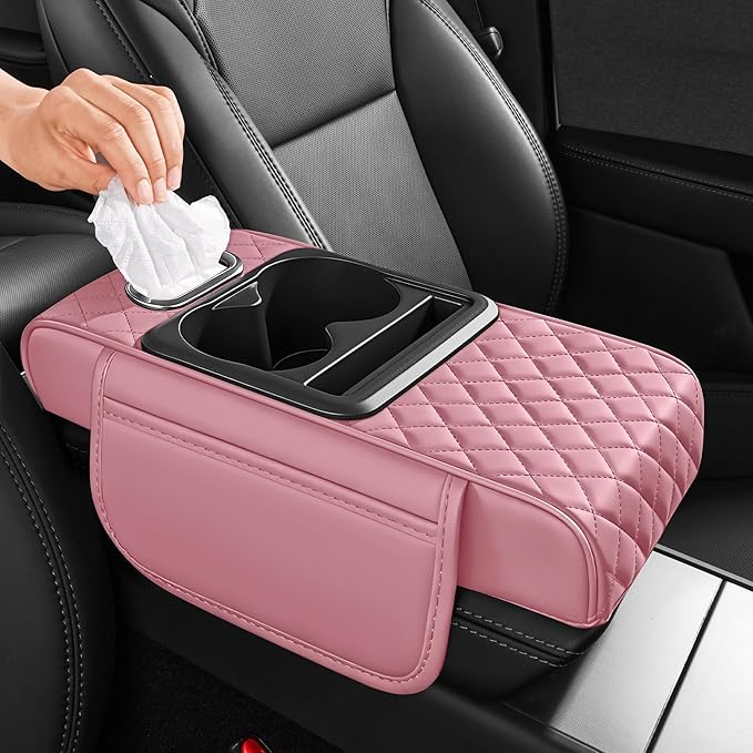 5 in 1 Car Center Console Cover, Armrest Pad with 2 Storage Pockets, Cup Holder, Tissue Slot, Phone Holder, Nappa Leather Memory Foam Car Accessories for SUV Sedan Truck (Pink)