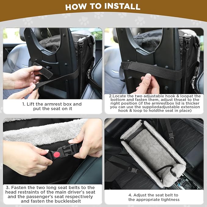 Upgraded Zipper Center Console Dog Car Seat for Small Dogs, Pet Booster Seat with Safety Hook & Adjustable Strap,Washable Center Console Car Bed with Storage Pocket for Pets up to 15lbs