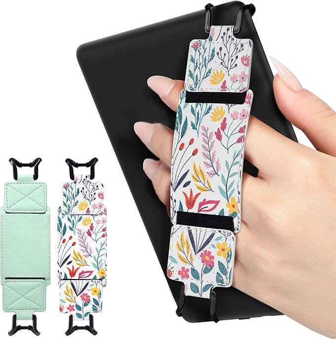 MoKo 2 Pack Security Hand Strap for 6-8" Kindle eReaders Fire Tablet-Kindle/Kobo/Voyaga/Lenovo/Sony E-Book Tablet,High-Elasticity Versatile Hand Strap Lightweight Finger Grip Holder,Agave Green+Flower