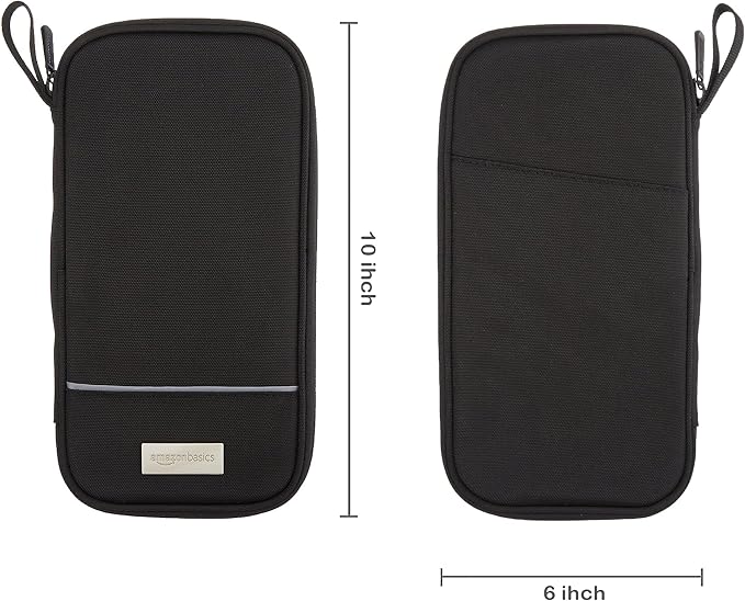 Amazon Basics RFID-blocking Passport Wallet, Passport Holder for Travel, Polyester/Nylon Material with Durable Zipper Closure, Zippered Pockets, Slots for Cards, 10"x5", Black, Solid