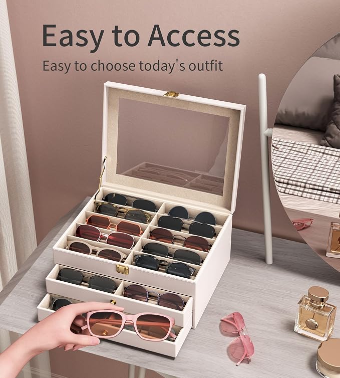 NEWLOOP 10/30 Slots Sunglass Organizer for Multiple Pairs of Eyeglass See-through Display Case Storage Box for Women Men