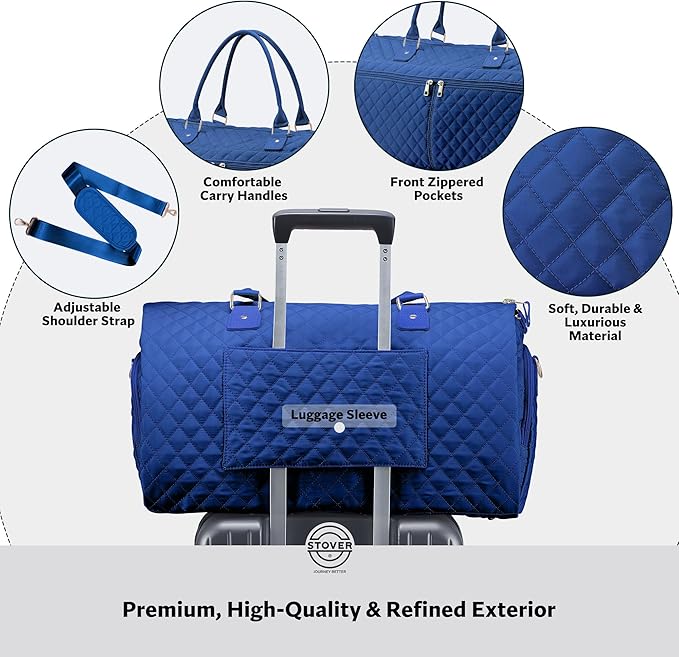 STOVER Women’s Convertible Garment Duffel Bag for Travel – 2-in-1 Carry-On Weekender/Overnight Tote - Wrinkle-Free Dresses, Suits & Clothes + Shoe Compartment & Bonus Toiletry Bag (Sapphire Blue)