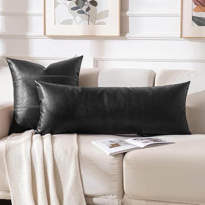Fancy Homi Black Boho Lumbar Faux Leather Long Body Decorative Throw Pillow Cover 12x40 Inch for Bedroom Couch Bed Sofa Bench, Thick Stylish Solid Pillowcase, Rustic Modern Farmhouse Room Decor