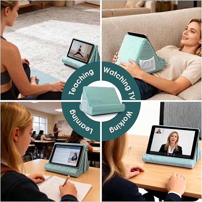 Multi-Angle Tablet Stand with Soft Pad Cushion and Net Pocket - Universal Phone and Pad Holder for Lap, Knee, Sofa and Bed (Light Blue)