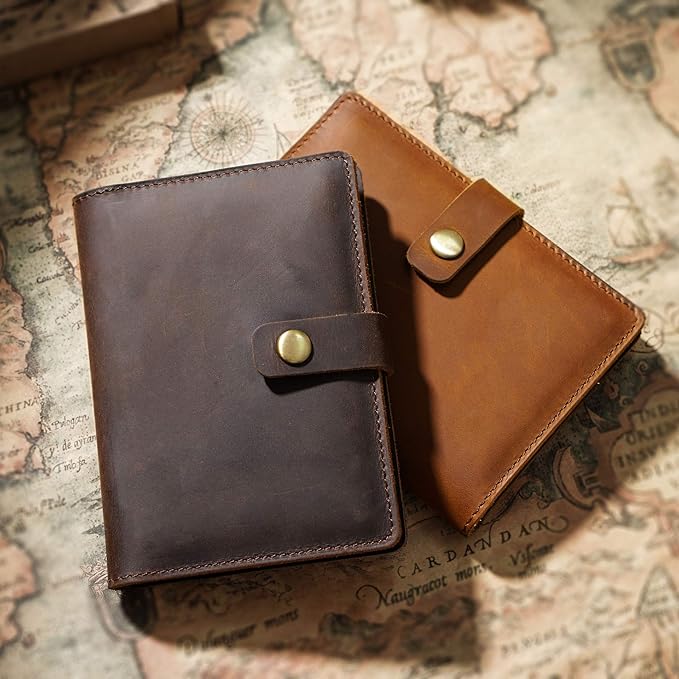 Genuine Full Grain Leather Passport Holder, Slim Bifold with Snap Button Closure, 5 Card Slots, Men's Travel Wallet (BLACK)