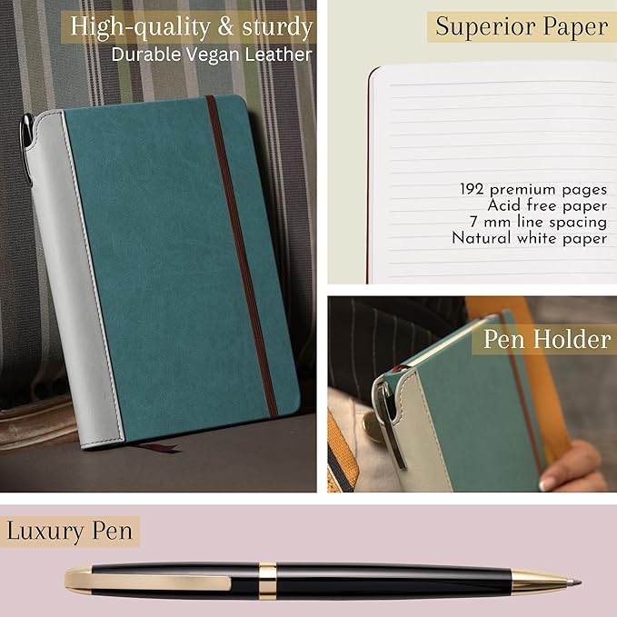 SETTINI® Lined Journal - Sleek Teal Journal for Writing Gift Set - Hardcover Vegan Leather, Includes Luxury Pen in a Unique Pen Holder, 192 Pages, 6 x 8.5 inches, Fathers Day Gift