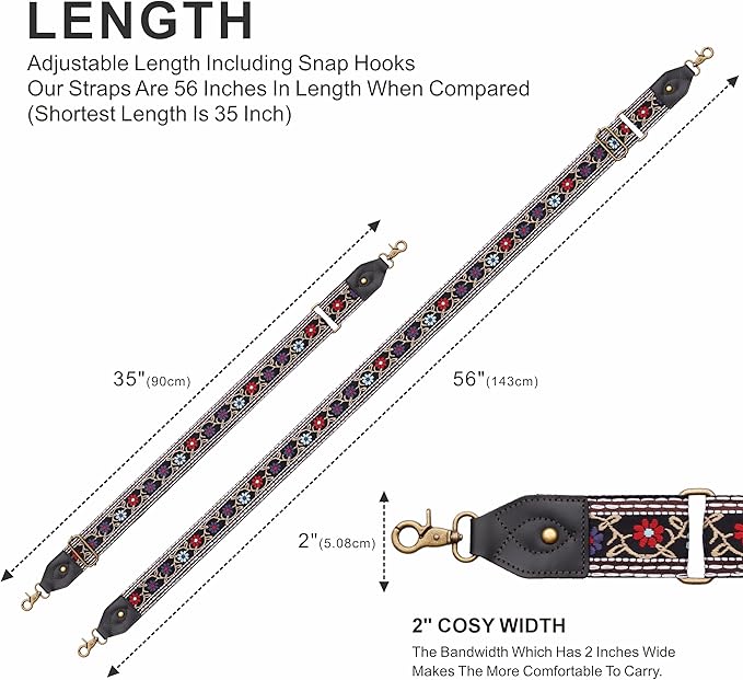 Nefelibata Purse Strap-2"Crazy Horse Leather Bag Strap Adjustable Replacement,Retro Jacquard Embroidery Crossbody Straps