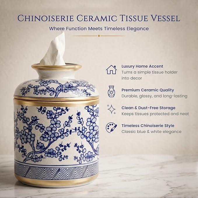 Tissue Vessel Round Ceramic with Lid - Handmade Blue and White Chinoiserie Ceramic Tissue Holder for Bathroom – Chinoiserie Decor Accent for Living Room, Bedroom, Office - Blue and White Porcelain